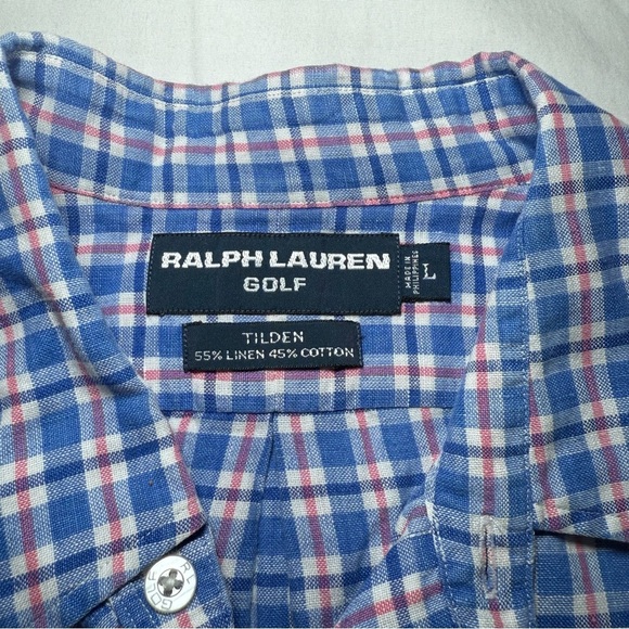 Ralph Lauren Golf Shirt Men’s Large TILDEN Plaid Short Sleeve Button Down Linen - Picture 2 of 5